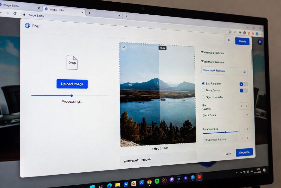 Watermark removal image editor interface showing uploaded landscape photo with editing tools on screen