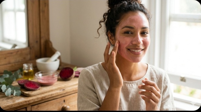 Woman applying natural beetroot face mask at home for glowing skin